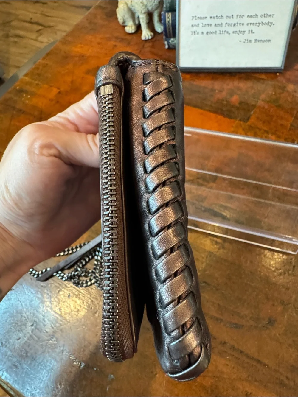 AllSaints Bronze Leather Crossbody Bag with Gunmetal Chain